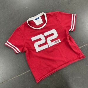 Red and white cropped jersey top from code 22 with "22" on front